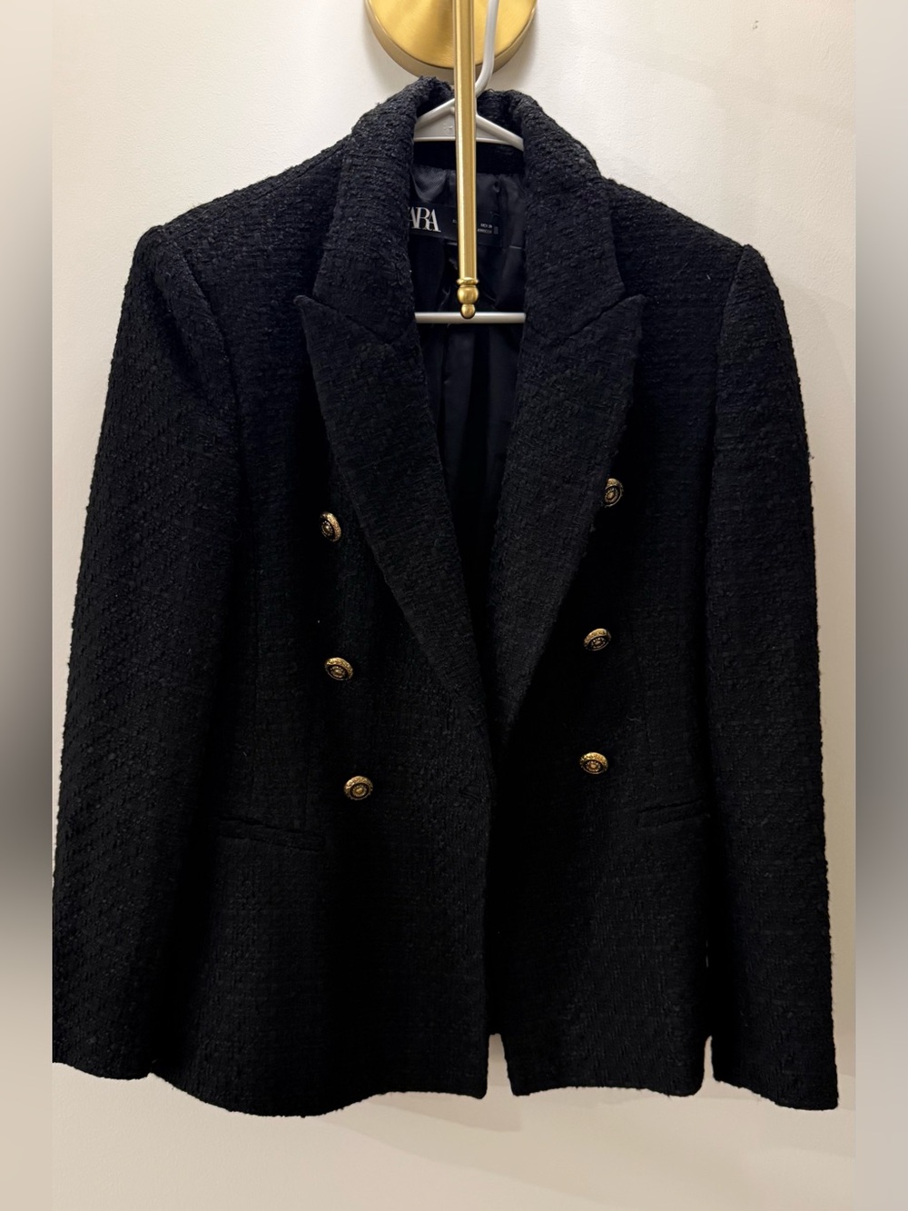Zara Black Tweed Double-Breasted Blazer with Gold Buttons
